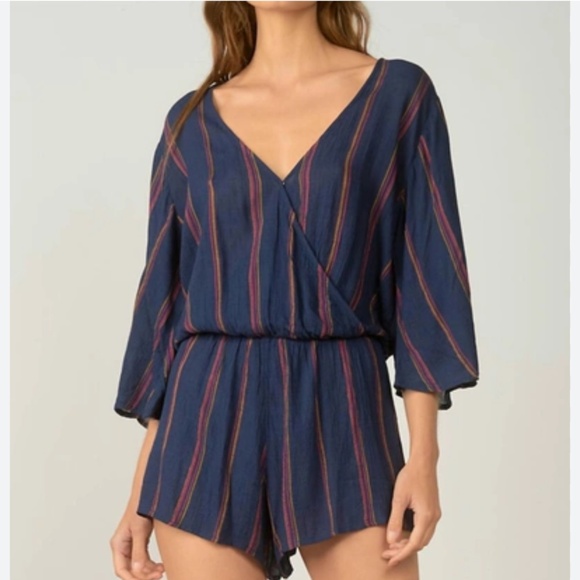 Elan 3/4 Sleeve Faux Wrap Surplice Stripe Pink Romper In Blue Viscose  Size L - Picture 1 of 16